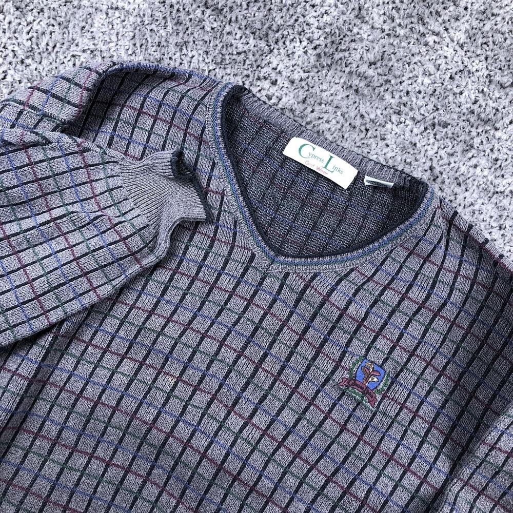 Cypress Links Sweater Mens XL Gray Check V-Neck Golf Cotton Knit Pullover